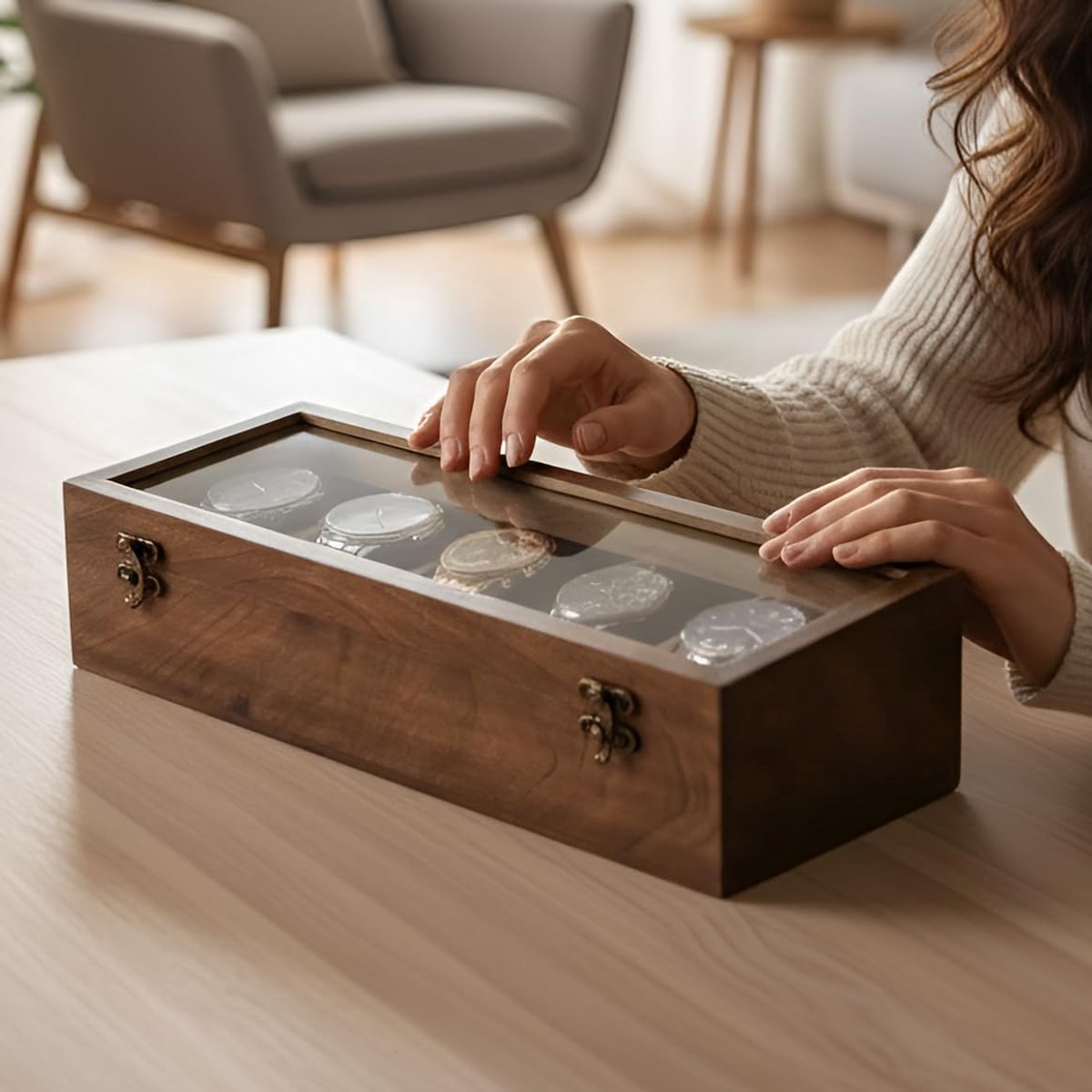 Houten Horlogedoos - Sieraden Opberger - Horloge Collectie - Glazen Deksel Vintage - 38 x 14 x 11 cm - Rosewood