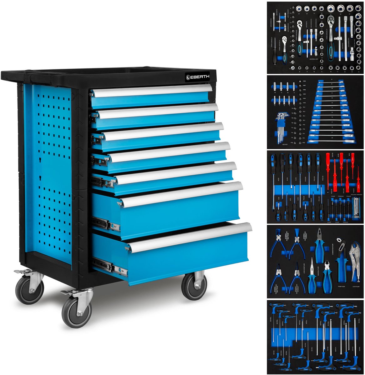 EBERTH Werkplaatswagen, 167-delig uitgerust, 7 lades, waarvan 5 gevuld met gereedschap, dubbelwandige gereedschapswagen van staal, blauw gepoedercoat, zwenkwielen, remmen, ergonomische handgrepen