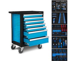 EBERTH Werkplaatswagen, 167-delig uitgerust, 7 lades, waarvan 5 gevuld met gereedschap, dubbelwandige gereedschapswagen van staal, blauw gepoedercoat, zwenkwielen, remmen, ergonomische handgrepen