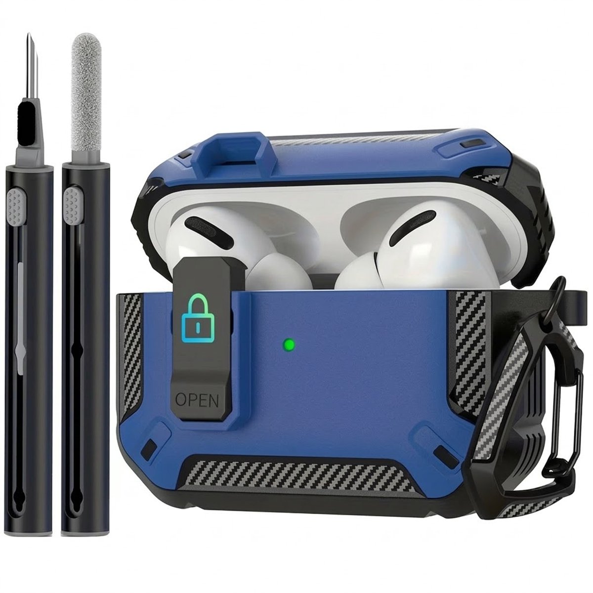 Blauw robuust hoesje voor oordopjes met carbon look geschikt voor AirPods Pro 3 inclusief schoonmaakset en karabijnhaak – schokbestendig en duurzaam