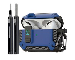 Blauw robuust hoesje voor oordopjes met carbon look geschikt voor AirPods Pro 3 inclusief schoonmaakset en karabijnhaak – schokbestendig en duurzaam