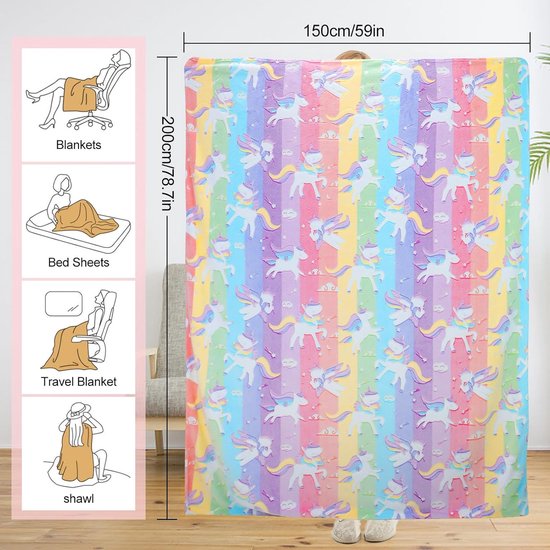 Kinderen Knuffeldeken - Eenhoorn Deken - Super Zachte Warmte - Licht Op In Donker - 130x150cm - Regenboog — afbeelding 2