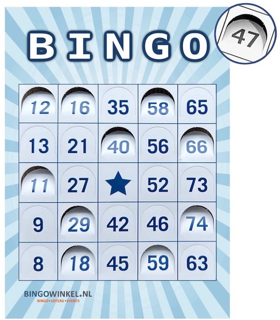 Bingokaart met de nummers 8, 9, 11, 12, 13, 16, 18, 21, 27, 29, 35, 40, 42, 45, 46, 52, 56, 58, 59, 63, 65, 66, 73, 74 en een blauwe ster. Inzet 47. Blauwe achtergrond met stralen.