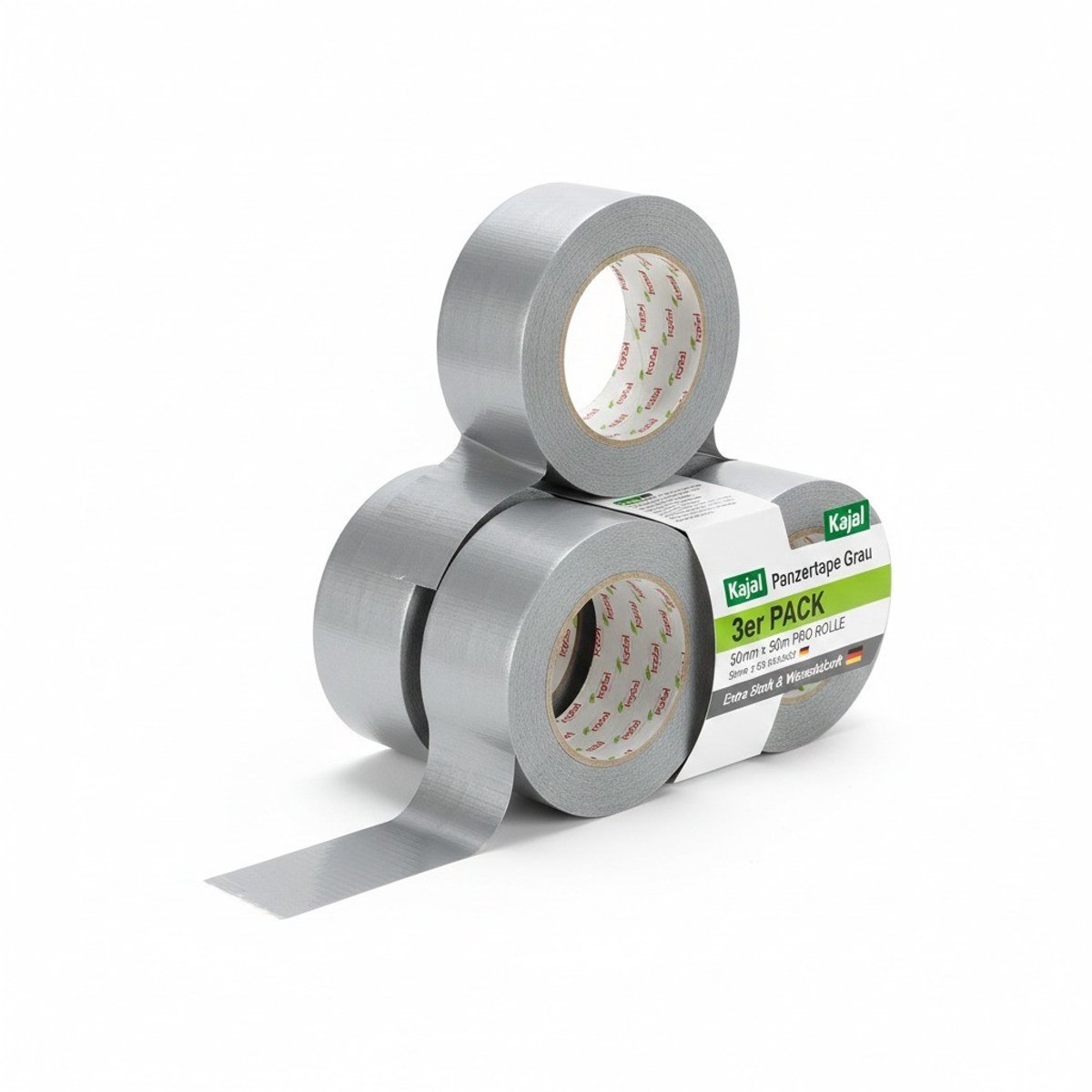 3 x Kajal Ducttape Grijs 50mm x 50m - Extra Sterk Gewebeband - Waterbestendig & Universeel Textieltape - Reparatietape voor Binnen en Buiten - Zelfklevend & Scheurvast - Totaal 150 Meter - Zilver/Grijs Met Kajal Sticker