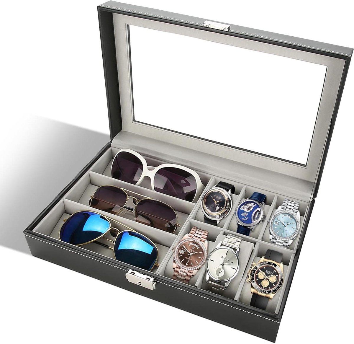 Brillen- en horlogeopbergdoos met 3 rasters - Handige brillenorganizer met PU-lederen afwerking
