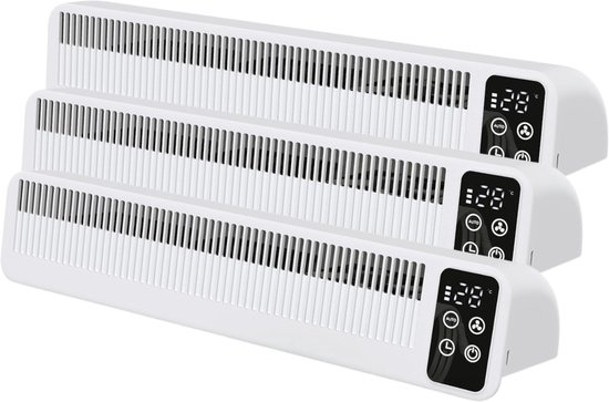 Drie witte radiator ventilatoren met digitale displays op witte achtergrond.