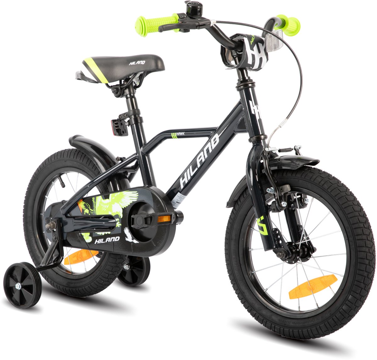 Hiland Stoere Jongensfiets - 14 Inch - Met Zijwieltjes & Standaard - Handrem & Terugtraprem - Zwart/Groen - Geschikt voor buitenactiviteiten in de lente