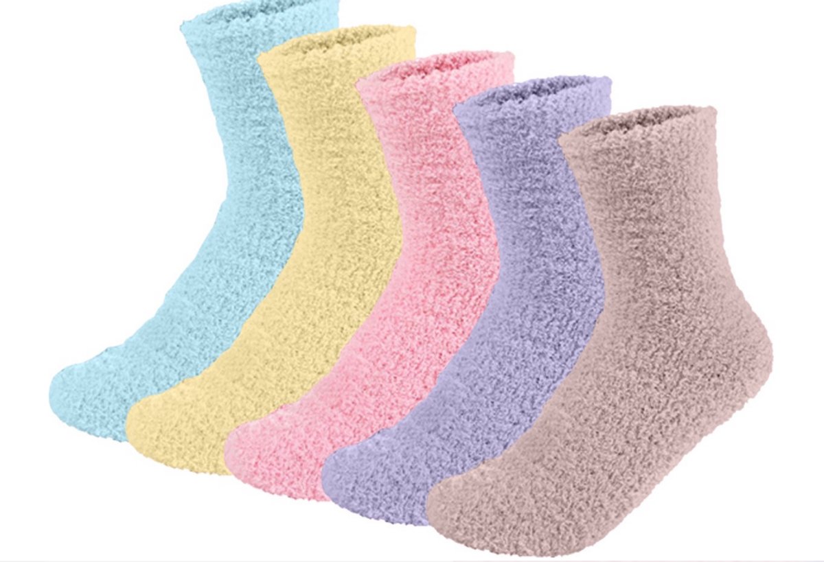 Fluffy Dames Sokken 5 paar - Huissokken - bedsokken - Drukvrije boord - paars - grijs - groen - roze - 36 - 40 - cadeau voor haar - geschenk vrouwen - gift - extra zacht