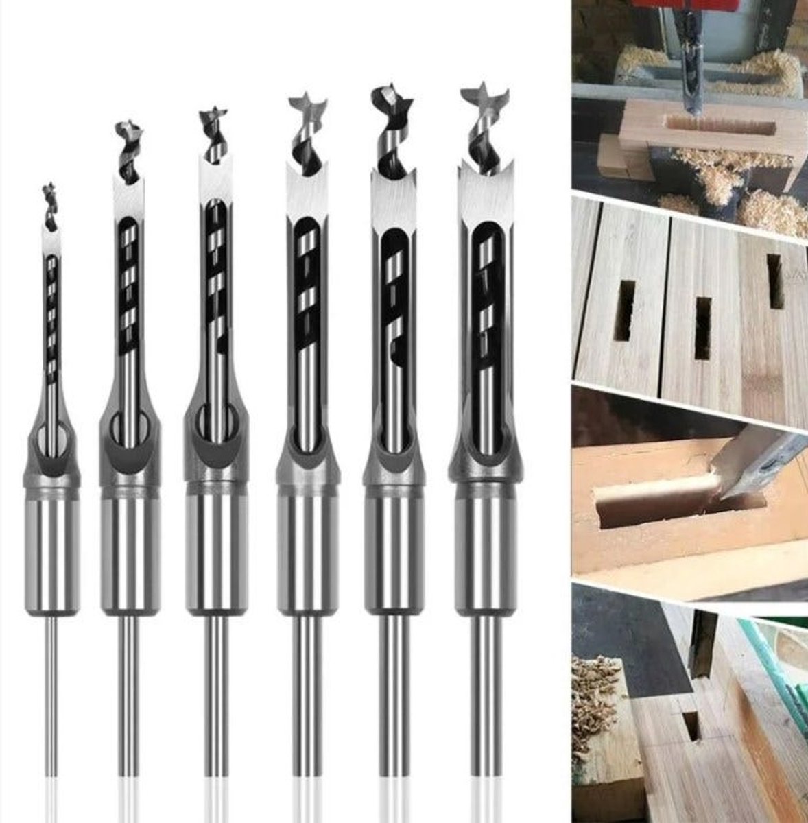 Een set van 6 vierkante houtboren, holle stalen beitels, houtbewerkingsgereedschapset, vierkante gatenboren, steekboren.