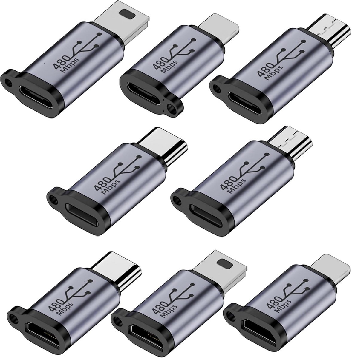 8-delige USB Adapter Set voor Lightning, USB-C en Micro USB Apparaten