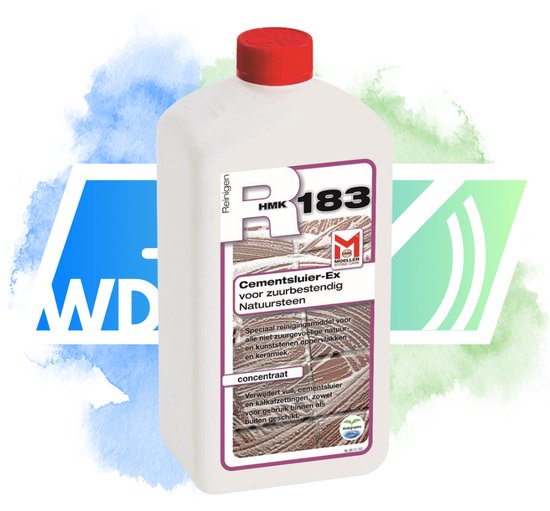 Witte fles met rode dop, HMK R183 Cementsluier-Ex, omringd door abstracte groene en blauwe aquarel vlekken.