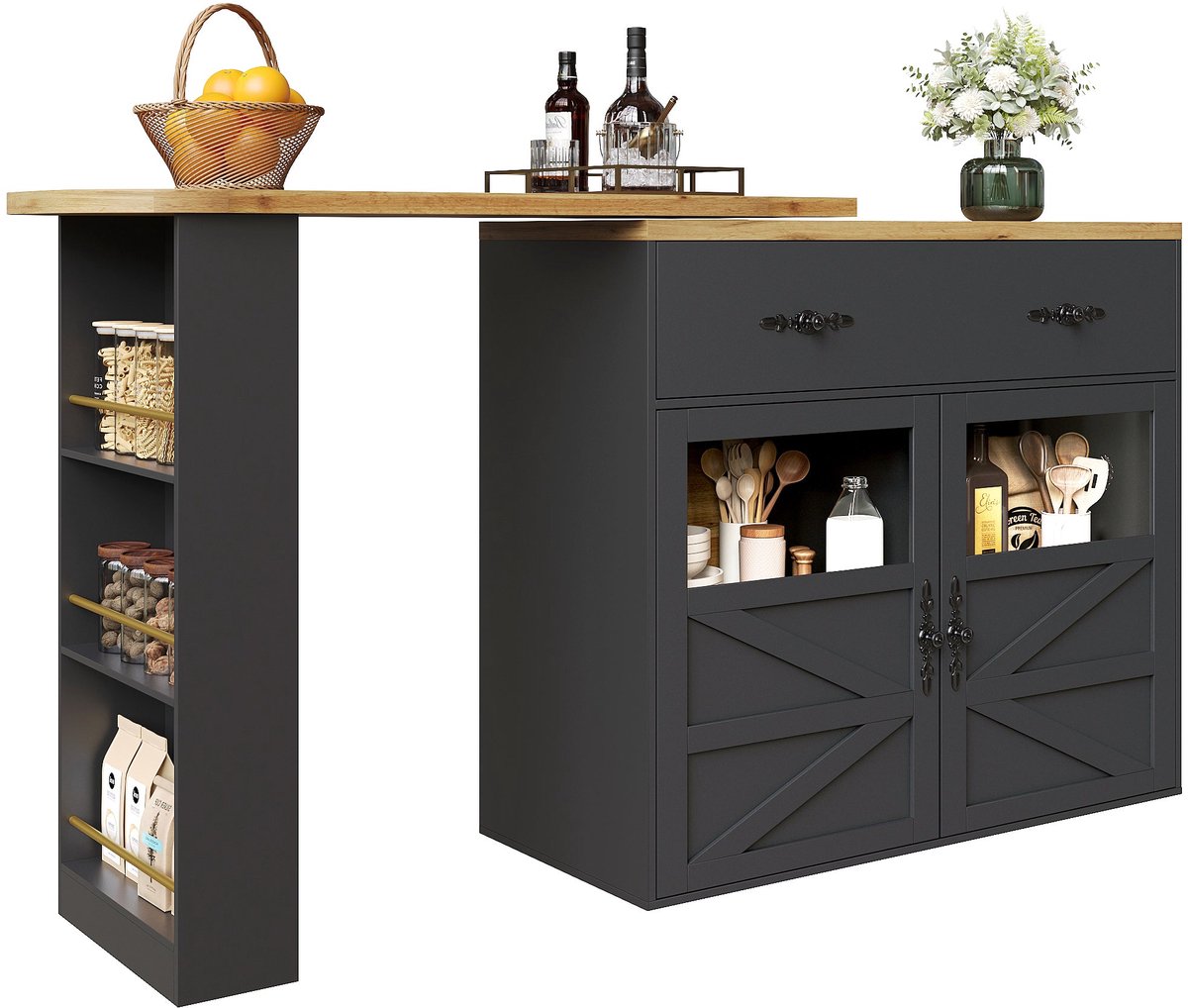 Merax Uitschuifbare Bartafel met Opbergruimte – 360° Draaibare Keukenbar/Keukeneiland – Barmeubel met Lade & Regalen – Zwart – 138-204x39x104 cm