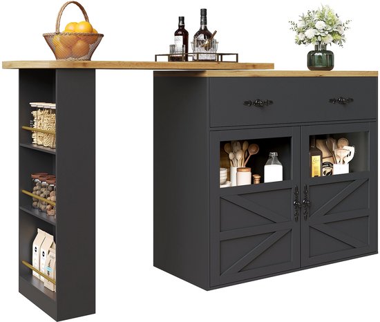 Table de bar extensible Merax avec espace de rangement – Barre de cuisine/Îlot de cuisine pivotant à 360° – Meuble de bar avec tiroir & étagères – Noir – 138-204x39x104 cm