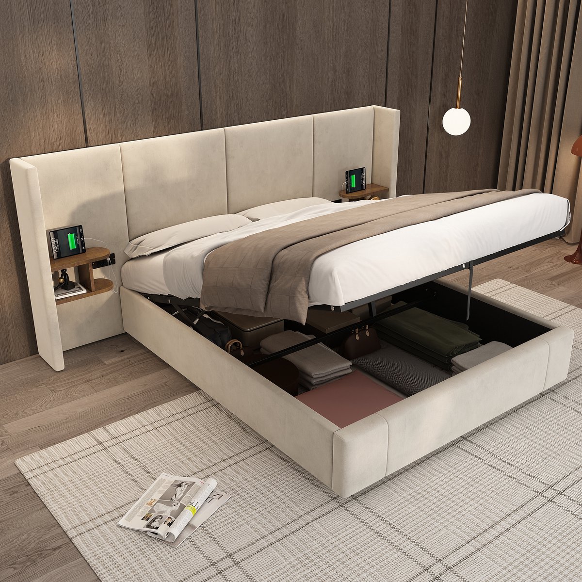 Merax 160x200cm gestofferd bed - met breed hoofdbord en USB-poort - met stopcontact - met opbergruimte - zonder matras - beige