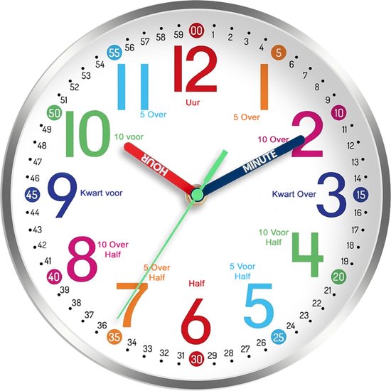 Witte wandklok met gekleurde cijfers en wijzers. Het uur is 10:09.
