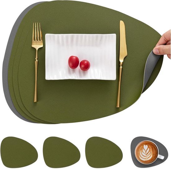 Set de table et dessous de verre en similicuir 4 pièces - Lavables - Forme ronde - Double face - Ensemble de sets de table antidérapants - Ensemble de sets de table en similicuir - Sets de table aspect cuir (Vert foncé et Grijs)