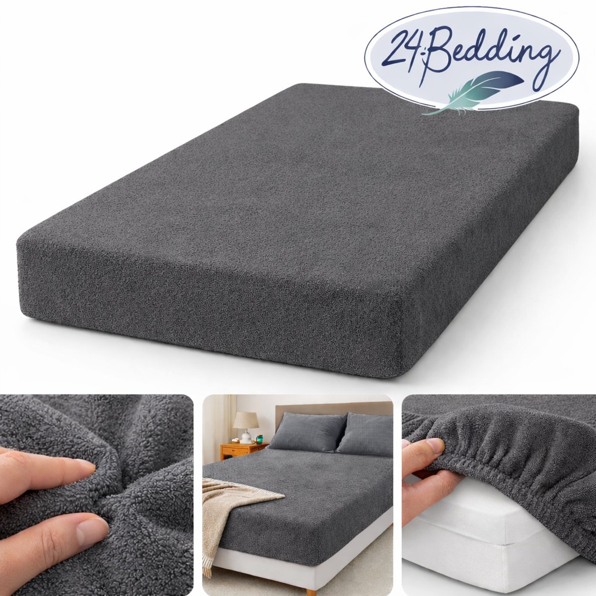 24-Bedding - 2 stuks !! - Badstof Hoeslaken - Extra Zwaar - 180 gr/m2 - 90x210 cm - donker Grijs - 30 cm