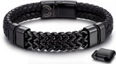 Armband heren leer zwart - Schakelarmband staal zwart - Mauro vinci® Hera - 19cm tot 21.5cm verstelbaar - Met luxe verpakking
