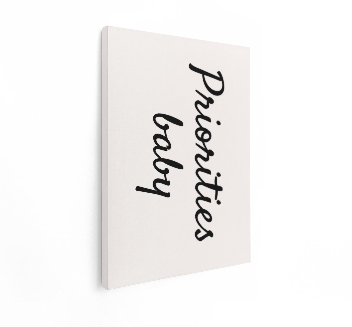 Artaza Canvas Schilderij Priorities Baby - 60x80 cm - Wanddecoratie Babykamer - Muurdecoratie Tekst - Schilderijen Zwart Wit Minimalistisch