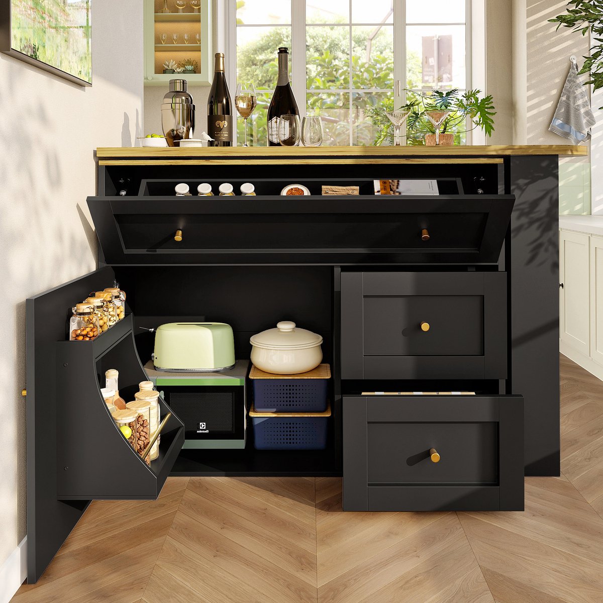 Uitschuifbare Bartafel (138-204x39x105 cm) - Zwarte Bar met Snackplank & Opbergruimte - Telescoop Keuken Eiland / Sideboard