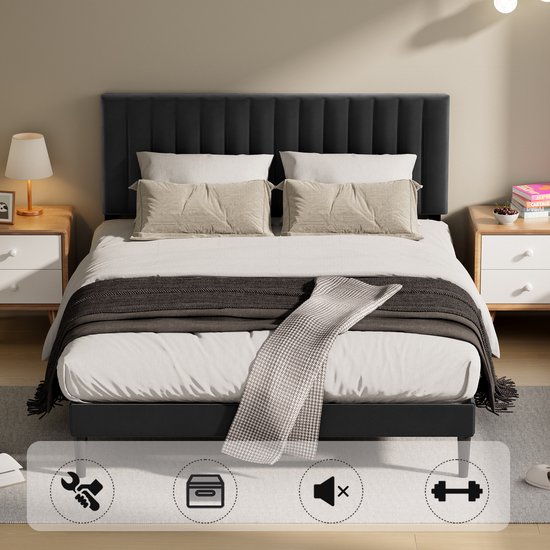 CECIPA Gestoffeerd bed - Tweepersoonsbed 140x200 cm - Metalen Bedframe - Met Hoogte Verstelbaa Hoofdbord en Lattenbodem - Met Opbergruimte Onder Bed - Voor 2 personen - Draagkracht 480 kg - Zwart