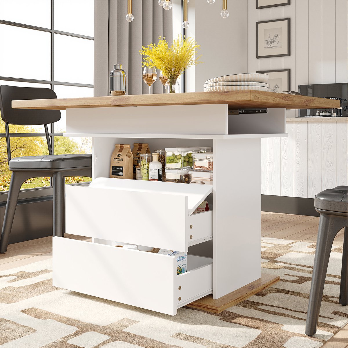 Merax Uitschuifbare eettafel 110-140x80x75 cm - uitschuifbare keukentafel met drie lagen opbergrek - wit