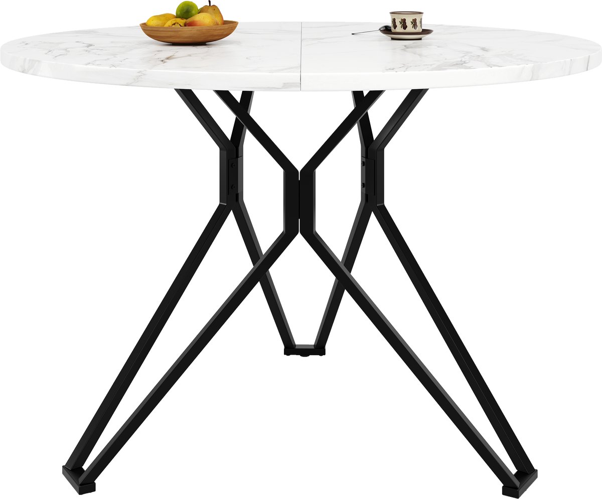 Merax Ronde eettafel 100x100x76 cm - keukentafel - geschikt voor 4 personen - salontafel - marmeren blad - zwart
