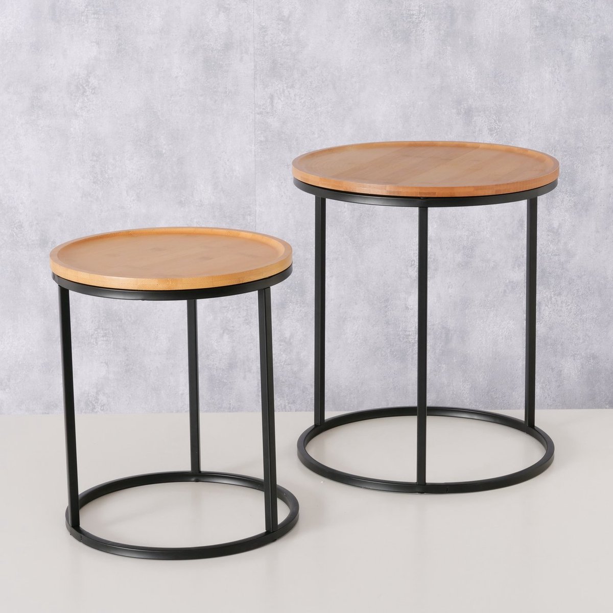 Bijzet tafel - Bamboe Hout - 2set - ijzer - Hoog 45.50cm en 38.50cm - Ø33cm en Ø40cm- Zwart - Bruin