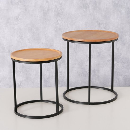 Bijzet tafel - Bamboe Hout - 2set - ijzer - Hoog 45.50cm en 38.50cm - Ø33cm en Ø40cm- Zwart - Bruin