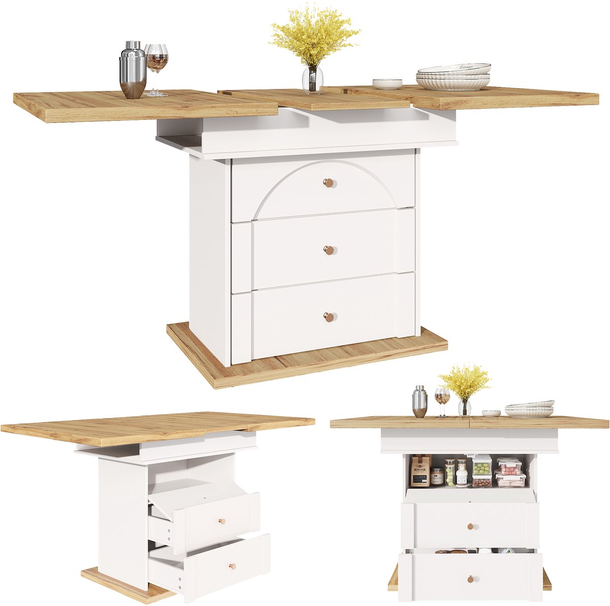 Merax Uitschuifbare eettafel 110-140x80x75cm - inklapbare keukentafel - voor 4-6 personen - minimalistisch kastdeurtje ontwerp - wit