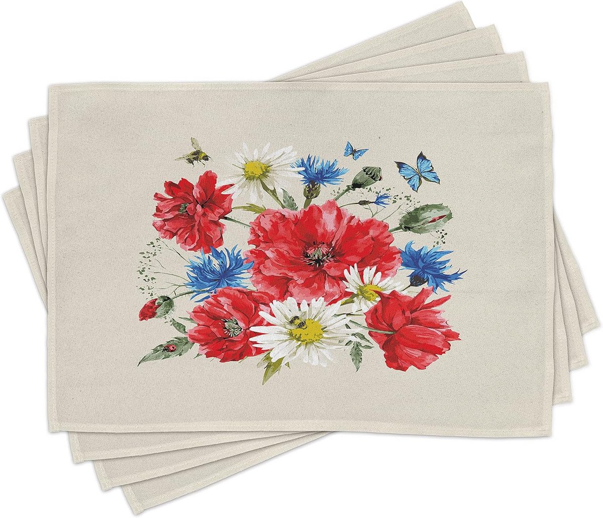 Set van 4 Wasbare Stoffen Placemats - Vintage Bloem Design - Tafelmatten voor Eettafel
