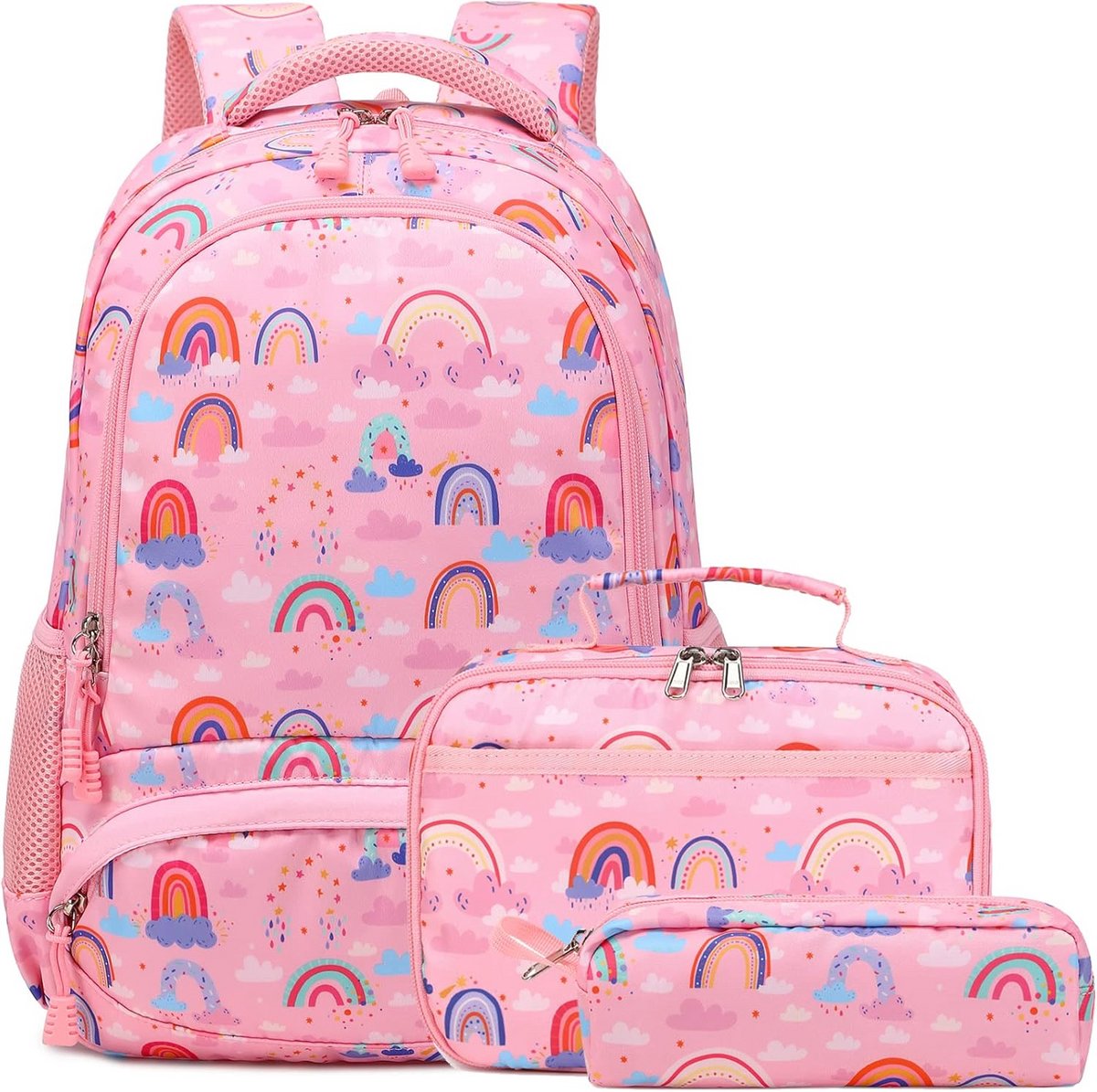 3-delige Meisjes Schooltas Set met Rugzak, Lunchtas en Etui - Regenboogthema voor Basisschool