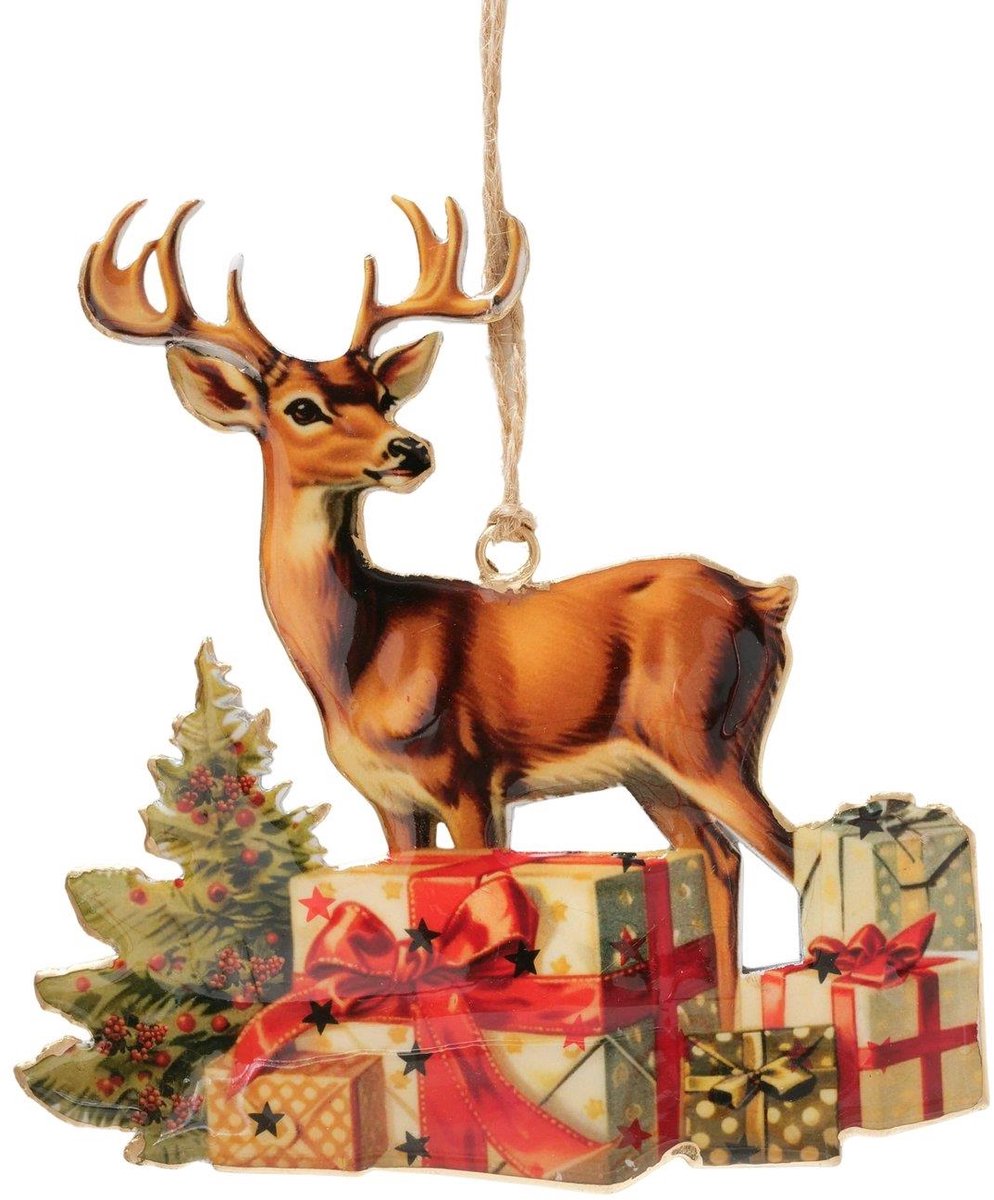 Boltze Home kersthanger hert kerstdecoratie met vintage print 14,5x15cm.