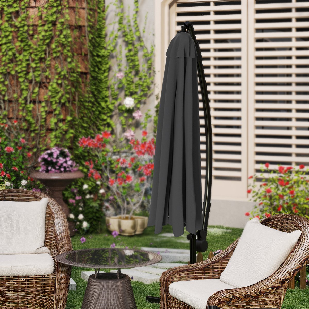 Zweefparasol Ø350 cm - Aluminium Parasol Kantelbaar 360° Draaibaar - Hangparasol met Kurbel UV-bestendig Waterafstotend - Tuinparasol Zonder Middenpaal - Donkergrijs – foto 8