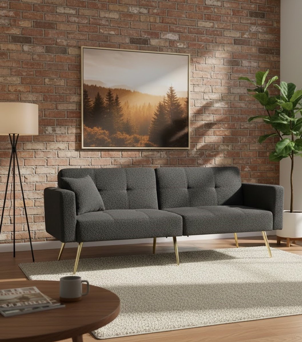 Luxe Slaapbank met Bedfunctie en Opbergruimte – Donkergrijs – Verstelbare Hoek, Comfortabele Zitkussens, Gouden Poten en Zijzakken – 2-Zits Sofa voor Woonkamer en Gasten House&Garden