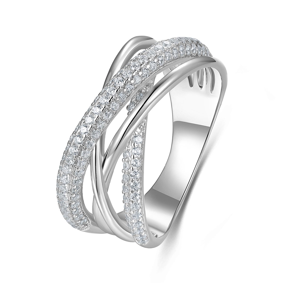 9NB-1657-50 - New Bling - Zilveren ring meerdere bandjes - Zirkonia - Zilverkleurig - Maat 50