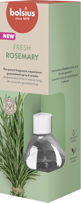 Glazen diffuser met heldere vloeistof en 3 houten stokjes. Verpakking 'FRESH ROSEMARY', 'Clean Scent Technology'.