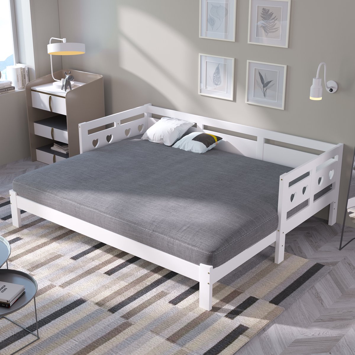 MODFU Bedframe 90x190 cm van massief grenenhout en MDF – wit – uitschuifbaar met hartvormig ontwerp – dagbed