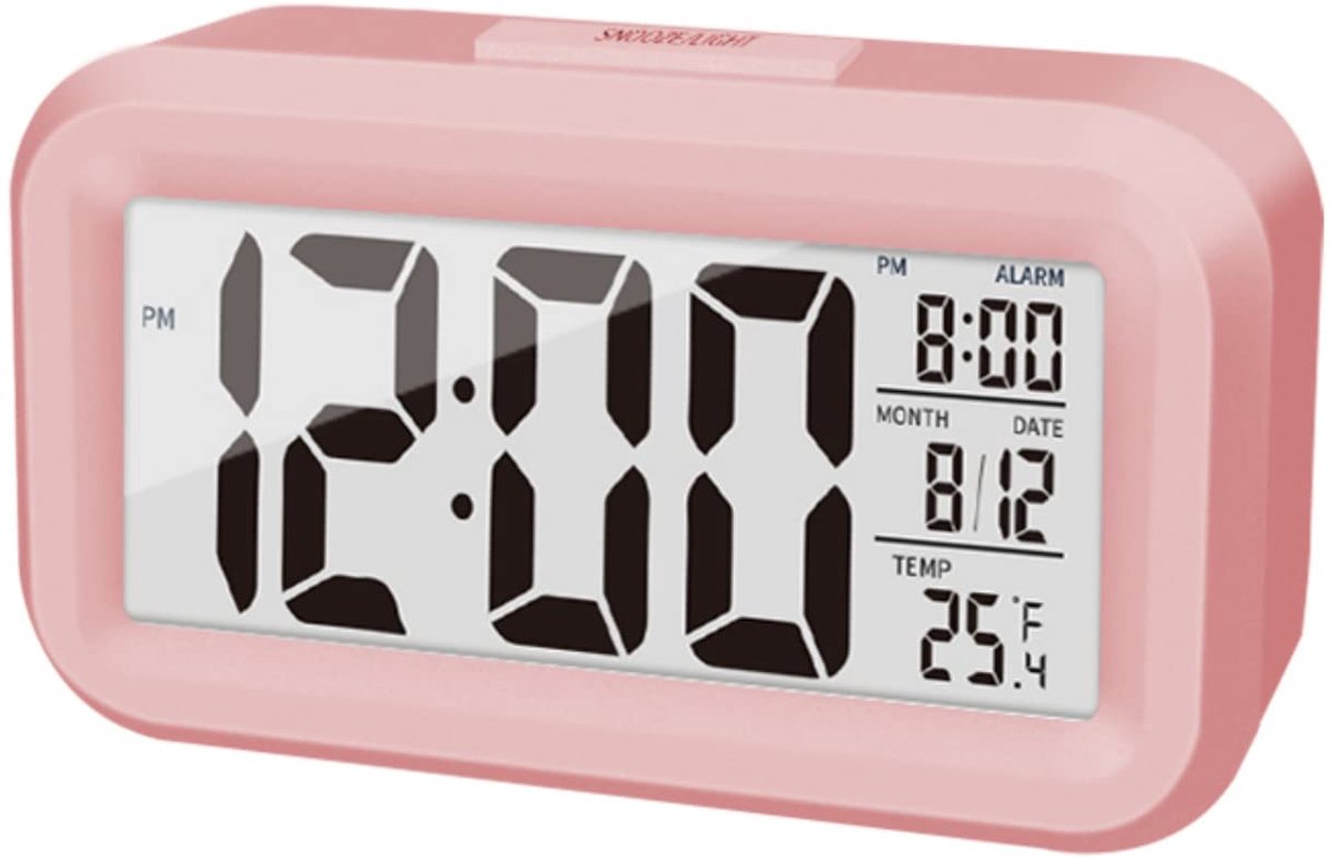 Digitale Wekker, Led-Display, Temperatuur, Draagbare Snoozefunctie, Helderheid, Batterijgevoede Wekker (Roze, Batterijen Niet Inbegrepen)