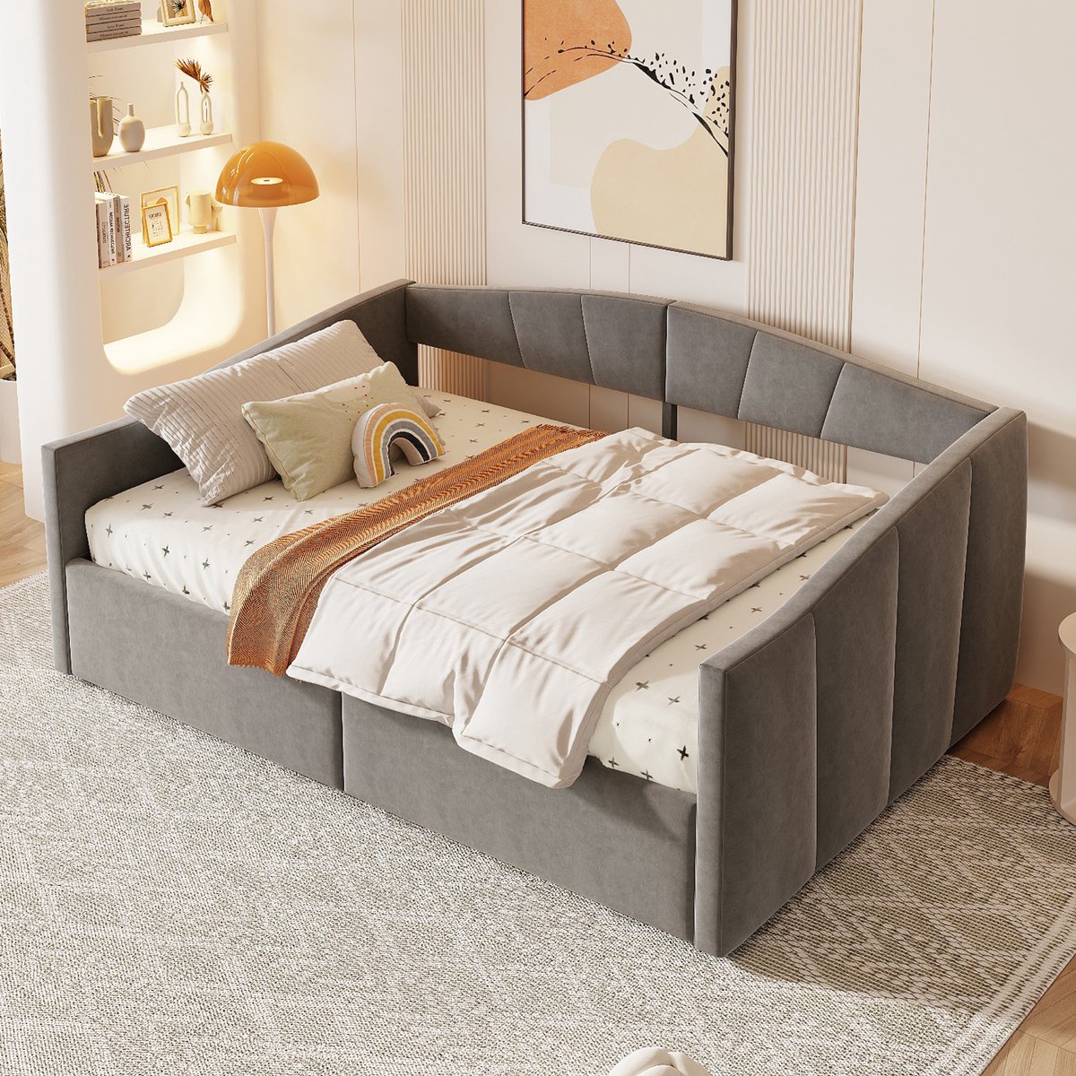 MODFU Ledikant 140x200 cm, gestoffeerd van fluweel met hydraulische opbergruimte en armleuningen, grijs