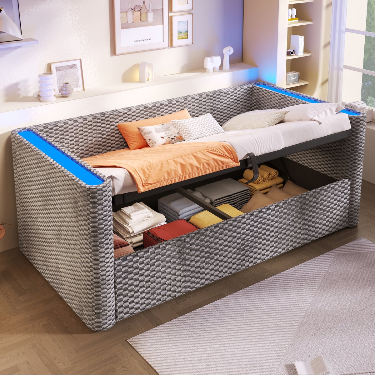 MODFU Bedframe 90x200 cm – velvet grijs – met LED en hydraulische opbergruimte – dagbed design