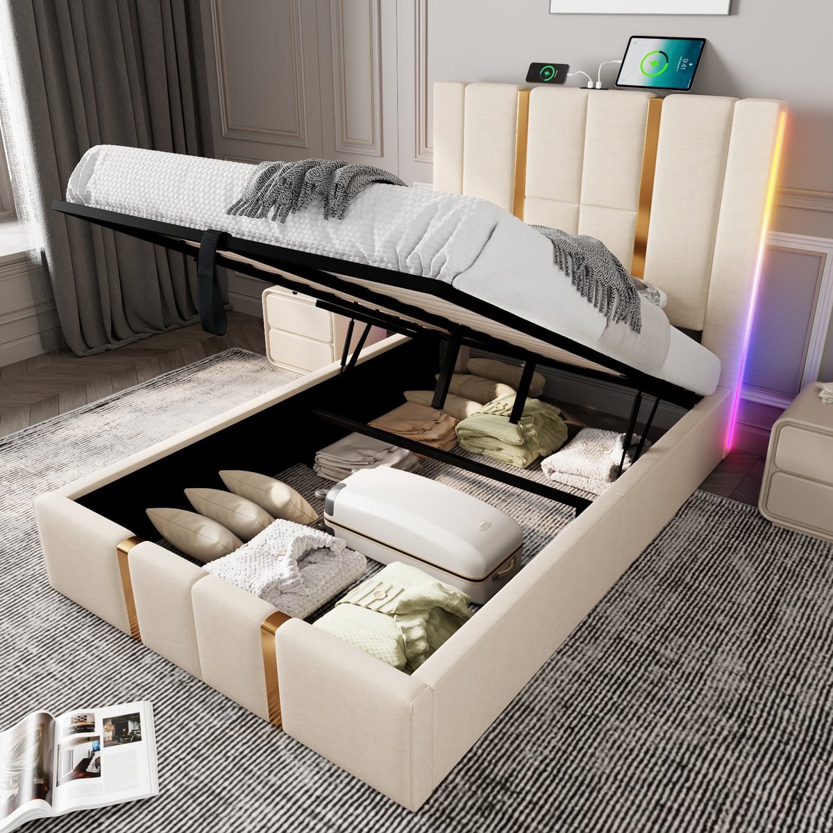 MODFU Ledikant 90x200 cm – beige linnen – met RGB LED, USB/Type-C en gaslift opbergruimte
