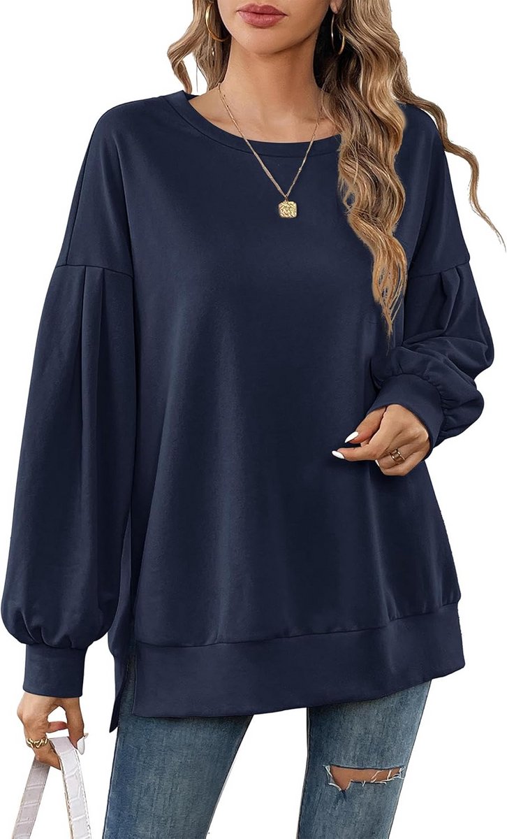 Dames sweatshirt lange mouwen casual ronde hals losse pasvorm met split detail