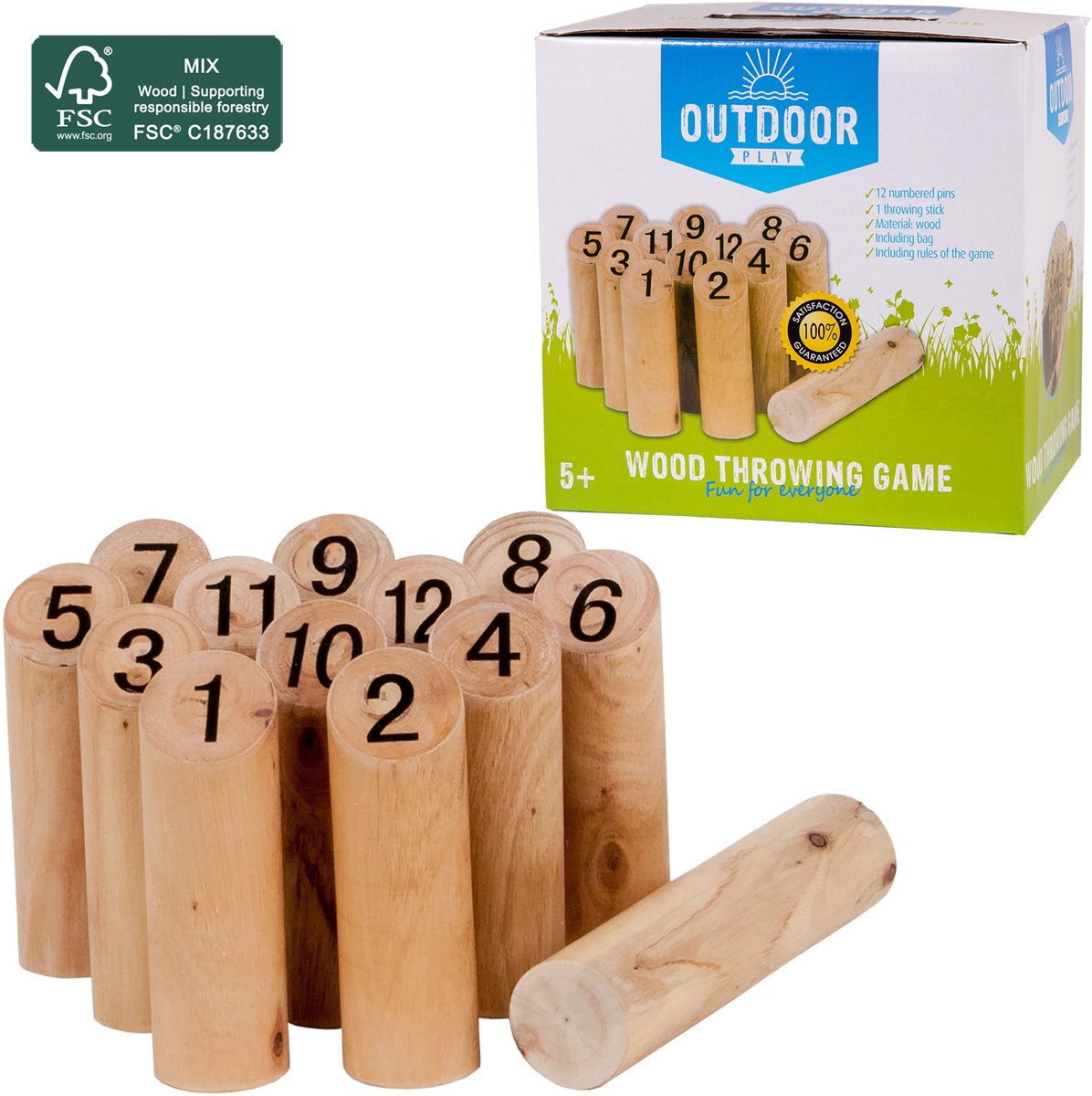 Outdoor Play houten werpspel FSC met draagtas voor buitenplezier.