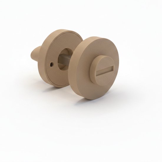 Beige wc-slot met een ovaal en sleufvormig gedeelte, op een witte achtergrond met schaduw.