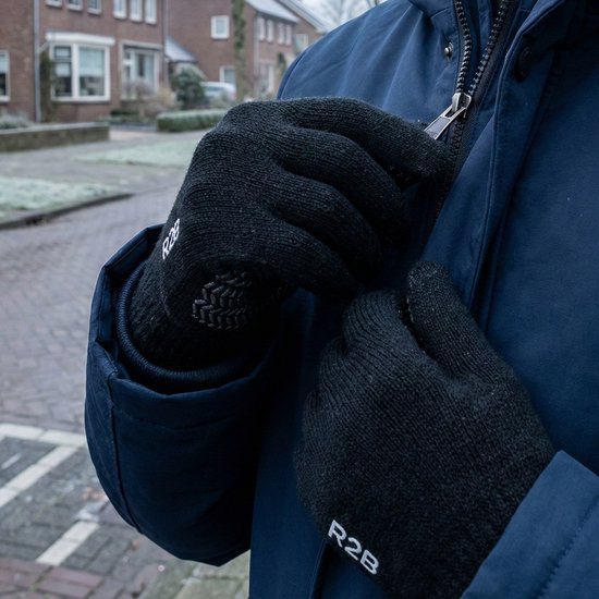 Zwarte gebreide handschoenen met 'R2B' logo op de pols en antislip textuur op de wijsvinger.