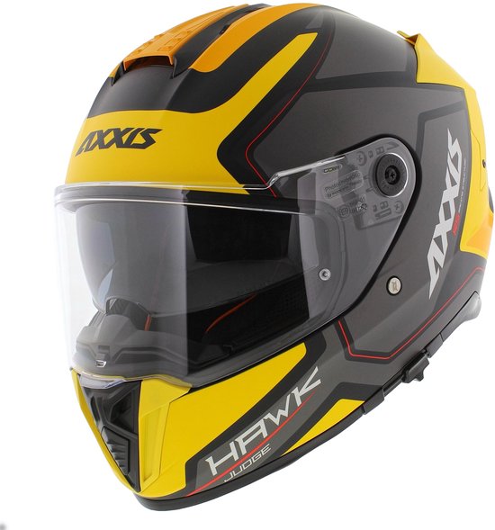 Casque de moto avec motif jaune, noir et gris AXXIS Hawk Judge B13. Visière transparente.