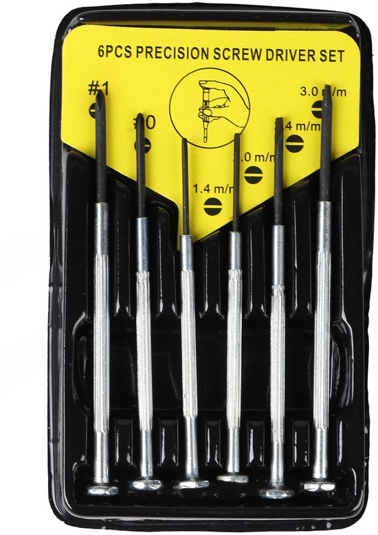 Zesdelige precisieschroevendraaierset in een zwarte verpakking met gele achtergrond. Schroevendraaiers met zilverkleurige handgrepen en zwarte punten.
