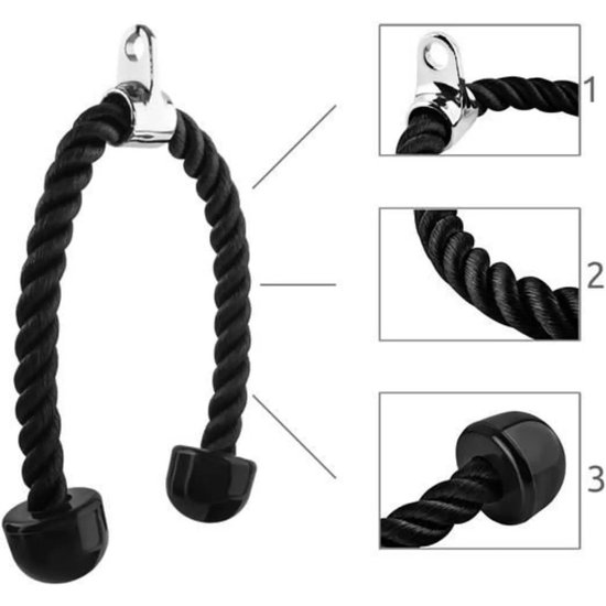 Zwarte tricep rope met chromen oog en rubberen uiteinden. Close-up van de details.