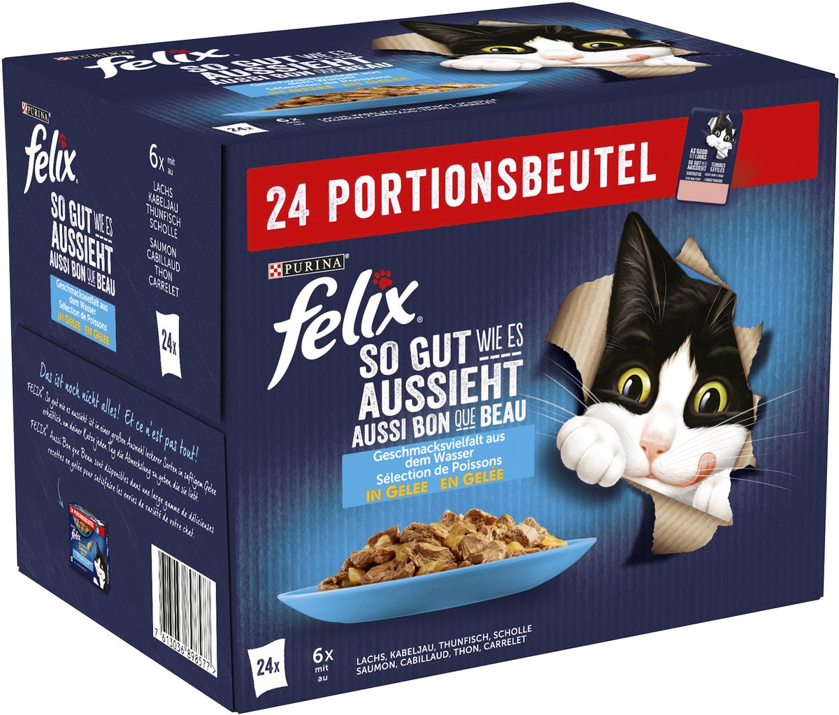 Felix Felix Katten natvoer, verschillende smaken van het water in gelei, Adult, Multipack (24x85g), 2.04 kg